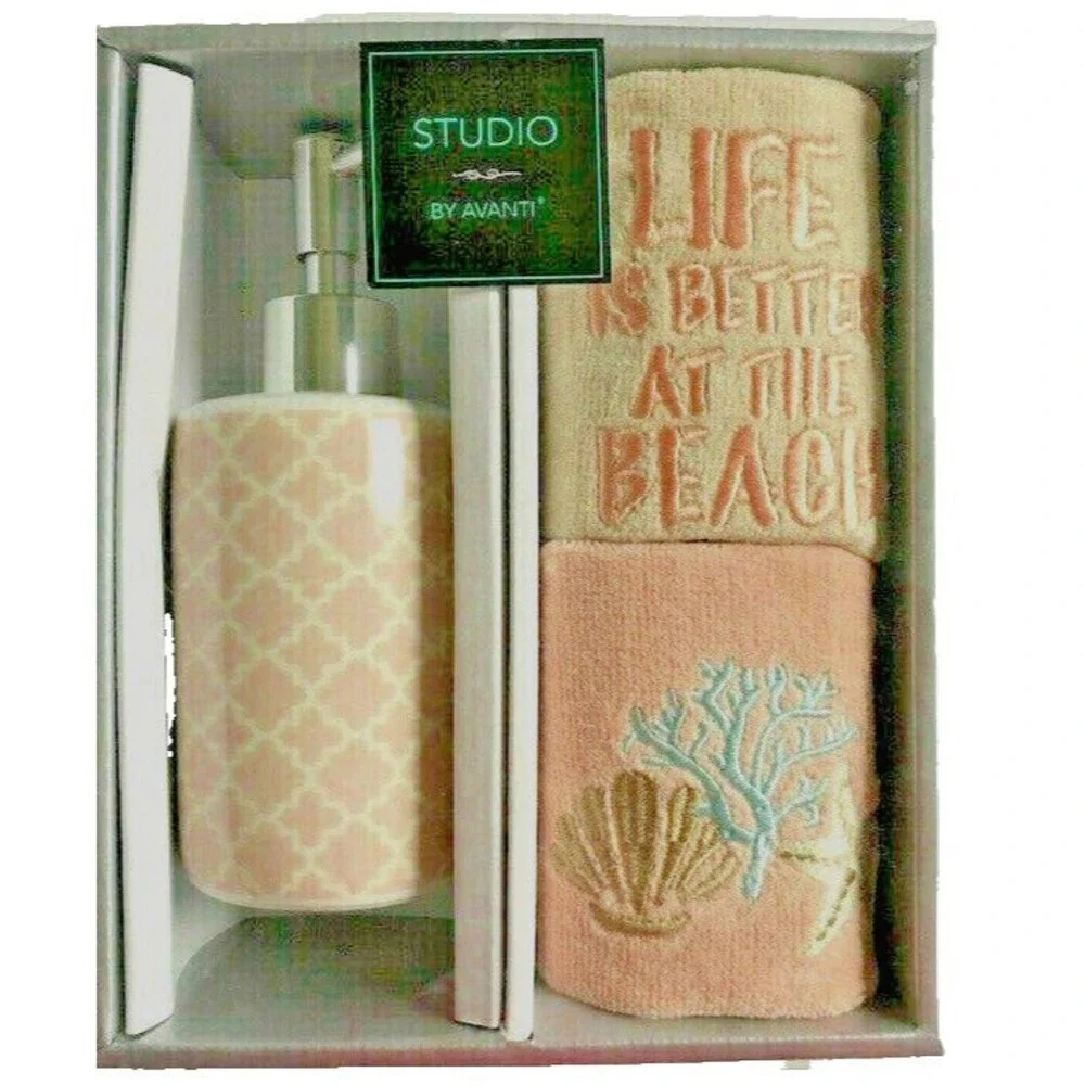 Avanti Fingertip Towels and Soap Lotion Dispenser Set Embroidered Beach Set of 3